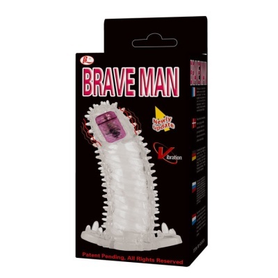 Embalagem preta de produto BRAVE MAN com acessório sexual transparente texturizado e detalhe roxo