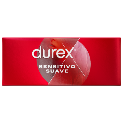 Embalagem vermelha de produto Durex Sensitivo Suave com texto branco