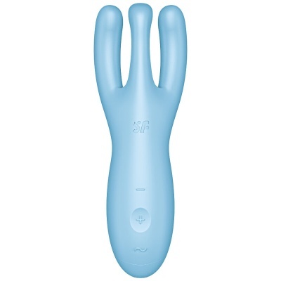 Vibrador azul em silicone com três hastes e botões integrados
