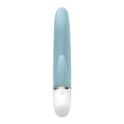 Vibrador azul claro com base branca e botões de controlo sobre fundo branco