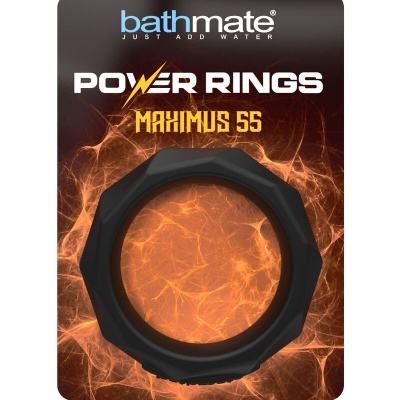 Embalagem Bathmate Power Rings Maximus 55 com anel preto e fundo fogo