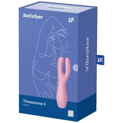 Caixa do vibrador Satisfyer Threesome 3 rosa em fundo azul