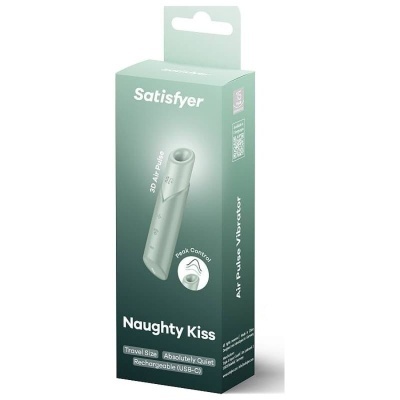 Embalagem verde de vibrador Satisfyer Naughty Kiss com texto branco e imagem do produto