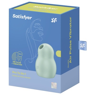 Embalagem azul e amarela com estimulador verde claro e texto Satisfyer Pro To Go 1