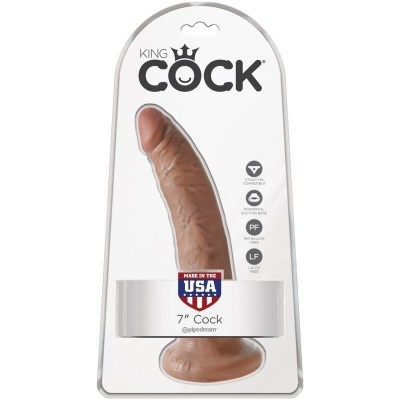 Dildo castanho com base larga em embalagem branca com texto KING COCK e MADE IN THE USA