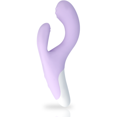 Vibrador duplo lilás com base branca sobre fundo branco
