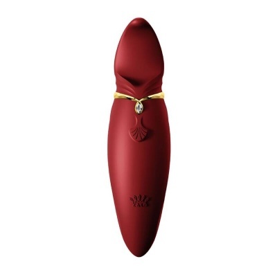 Vibrador feminino vermelho com detalhe dourado e texto FACE