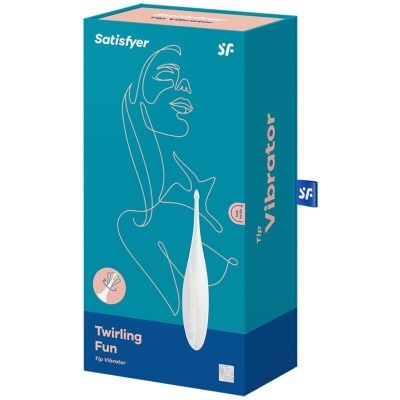 Embalagem azul e verde com vibrador branco e desenho estilizado feminino