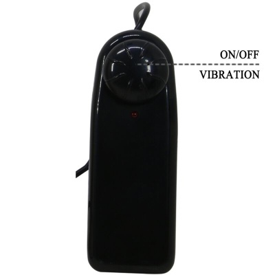 Comando de controlo preto com botão circular e texto ON/OFF VIBRATION