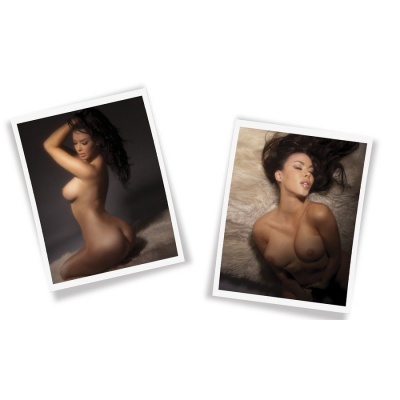 Duas fotografias de uma mulher nua em poses sensuais sobre fundos diferentes.