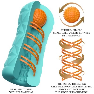 Produto anatómico azul com túnel e bola laranja destacável, com texto explicativo em inglês.
