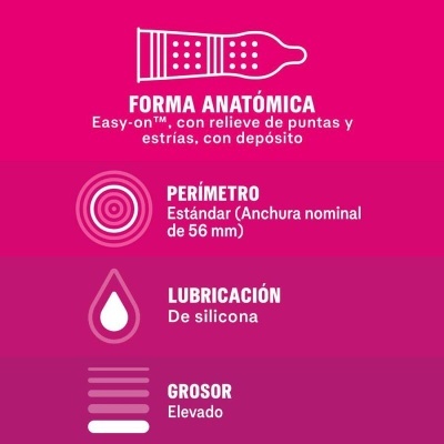 Informações em espanhol sobre forma anatômica, perímetro 56 mm, lubrificação e grosso do produto