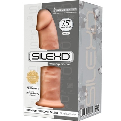 Embalagem de dildo de silicone realista cor pele com texto SILEXD e especificações