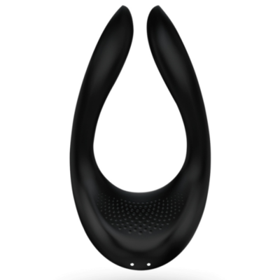 Dispositivo preto em forma de U com textura e dois orifícios na base