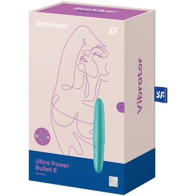 caixa do vibrador Satisfyer Ultra Power Bullet 6 azul turquesa com ilustração de casal