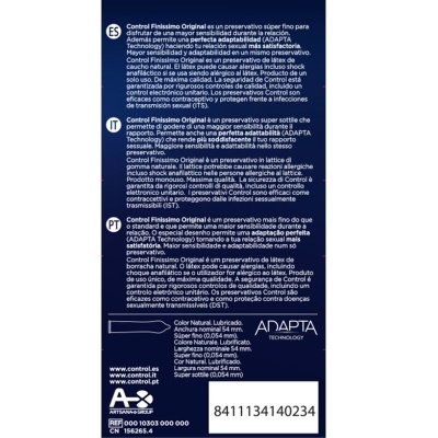 Embalagem azul escura de preservativos Control Finíssimo Original com texto informativo em três idiomas.