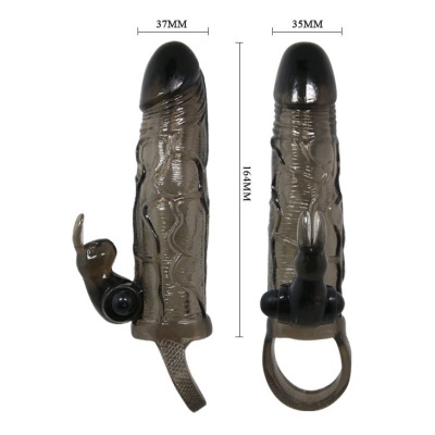 Produto em formato de pênis castanho escuro e preto com textura veiculada e anel