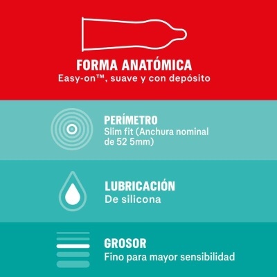 Descrição de preservativo com forma anatómica, perímetro de 52,5 mm, lubrificação de silicone e grosso fino