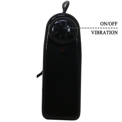 Comando remoto preto com botão rotativo e texto ON/OFF VIBRATION