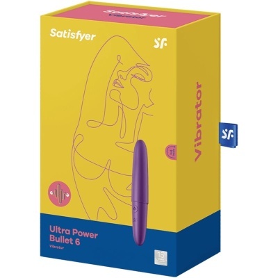 Embalagem de vibrador Ultra Power Bullet 6 roxo da Satisfyer com design em amarelo e azul.