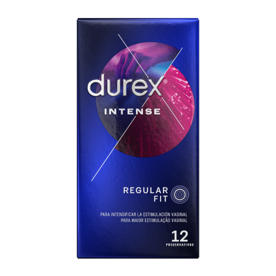 Embalagem azul de preservativos durex Intense Regular Fit com detalhes roxos e vermelhos