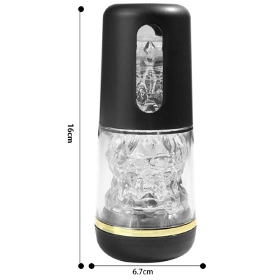 Dispositivo transparente com textura, topo e base pretos com faixa dourada, 16x6,7 cm.