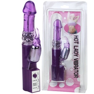 Vibrador roxo com acessório coelho e embalagem rosa com texto