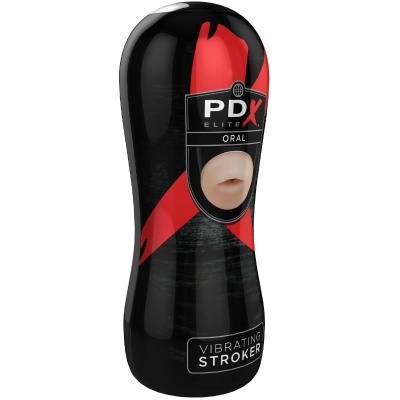 Frasco preto com tampa preta e um grande X vermelho, rotulado com PDX ELITE ORAL e VIBRATING STROKER.