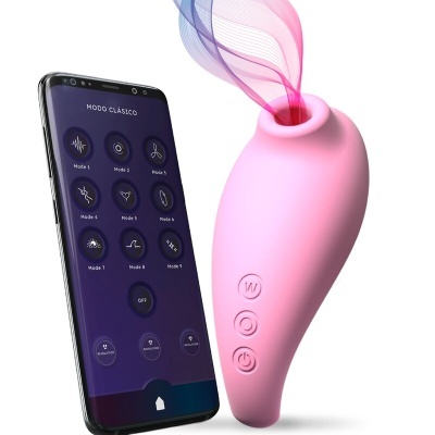 Dispositivo erótico rosa com três botões e smartphone com interface de controle