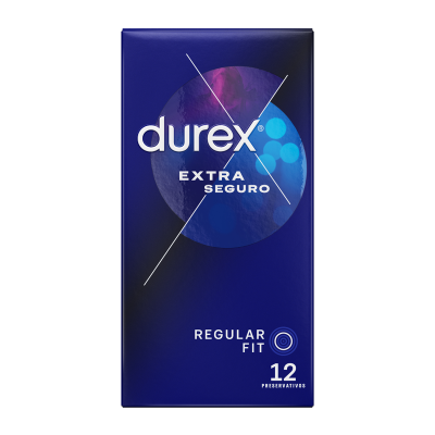 Embalagem azul de preservativos Durex Extra Seguro com 12 unidades