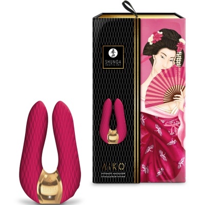 Vibrador vermelho SHUNGA com embalagem preta e rosa decorada com mulher japonesa e texto