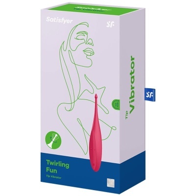 Embalagem do vibrador Satisfyer Twirling Fun em lilás, verde e azul com vibrador cor-de-rosa