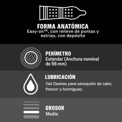 Descrição técnica de produto com forma anatómica, perímetro 56 mm, lubrificação gel e grosso médio