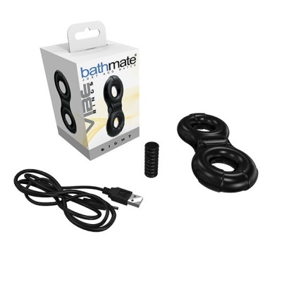 Conjunto Bathmate Vibe Eight com anel preto, cabo USB e embalagem branca