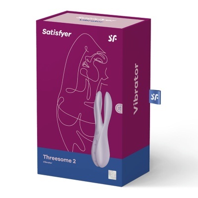 Embalagem do vibrador Satisfyer Threesome 2 em roxo e azul com vibrador branco