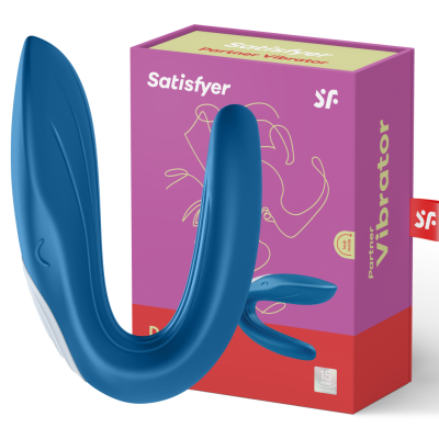 Vibrador azul escuro com embalagem roxa e vermelha com texto Satisfyer e Parceiro Vibrator