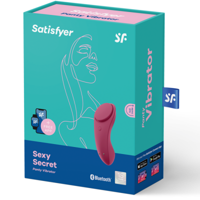 Embalagem do vibrador Satisfyer Sexy Secret em tons azul, verde água e rosa com vibrador cor vinho mostrado na frente
