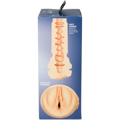 Embalagem azul com masturbador masculino e detalhes do produto