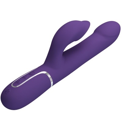 Vibrador roxo de silicone com dupla extremidade curvada e painel de controlo