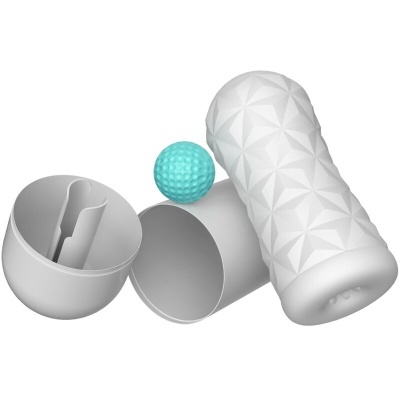 Conjunto cilíndrico branco com textura, bola azul texturizada e tampa branca destacável