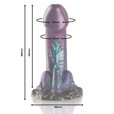 Dildo roxo iridescente com textura realista e base texturizada