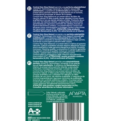 Embalagem azul de preservativo Control Non Stop Retard com texto descritivo multilíngue