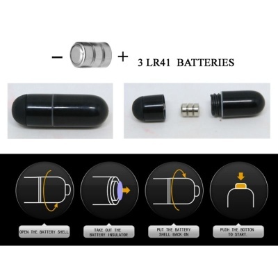 Dispositivo preto cilíndrico com três pilhas LR41 e instruções de uso em fundo branco