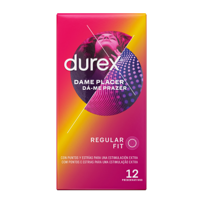 Embalagem de preservativos Durex regular fit em cores rosa, amarelo e laranja com texto em branco