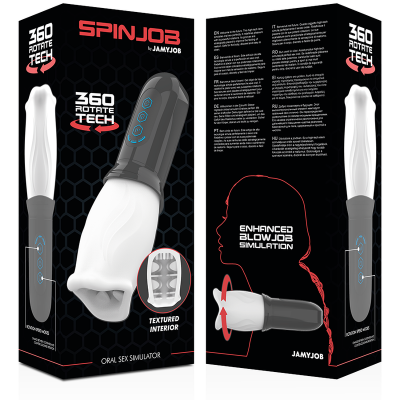 Embalagem do simulador oral SPINJOB 360 Rotatie Tech preta e branca com detalhes e texto em inglês