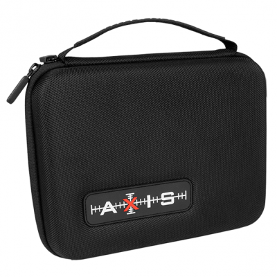 Mala preta retangular com etiqueta AXIS e alça no topo