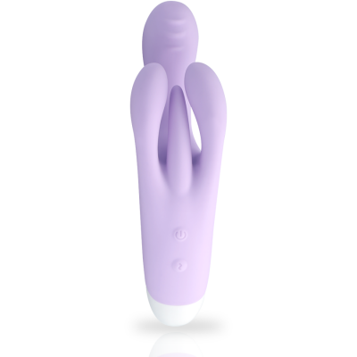 Vibrador lilás de silicone com três braços flexíveis e duas teclas de controlo