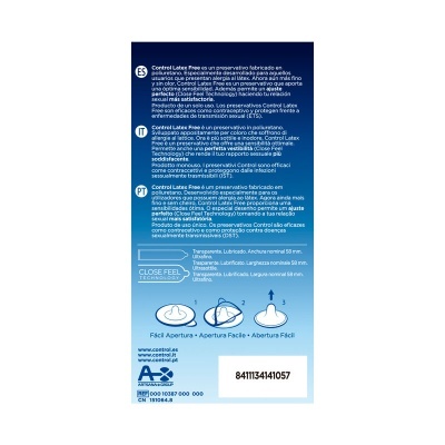 Embalagem azul com instruções e informações sobre preservativos Control Latex Free.