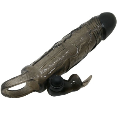 Acessório alongado em plástico transparente cinzento com peça preta e botão