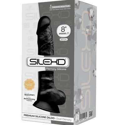Caixa com dildo preto de silicone, 20 cm, modelo 1, marca SILEXD